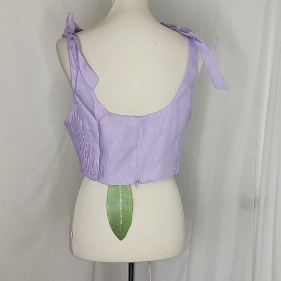 FARM Rio  Corset Crop Top L Lilac Smocked Shoulder Tie Linen Summer - Picture 6 of 12